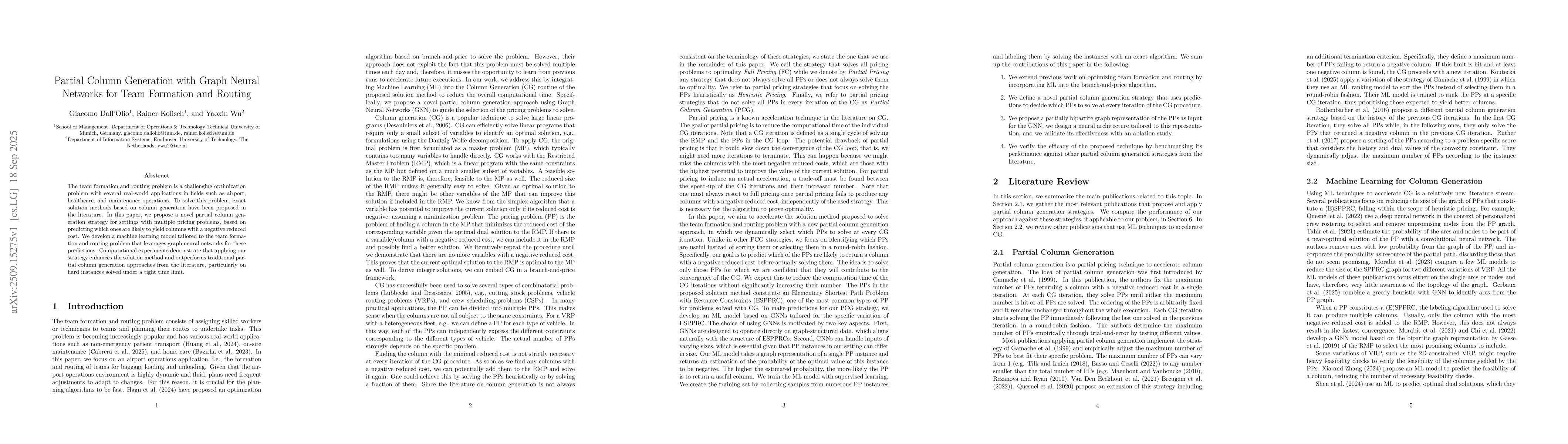 Thumbnail for Partial Column Generation with Graph Neural Networks for Team Formation
  and Routing