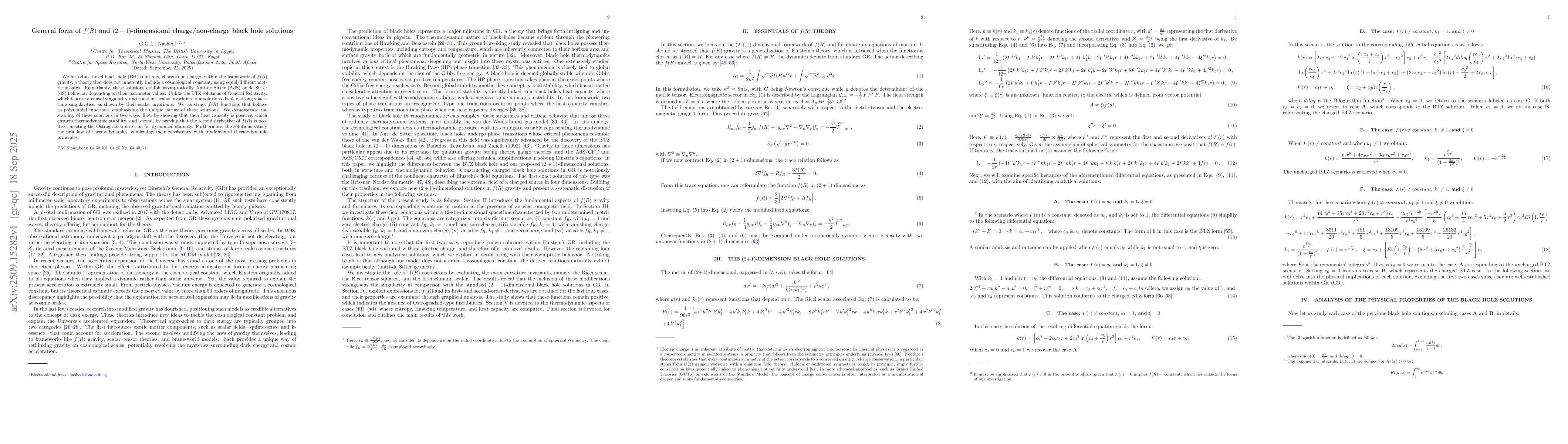 Thumbnail for General form of $f(R)$ and $(2+1)$-dimensional charge/non-charge black
  hole solutions