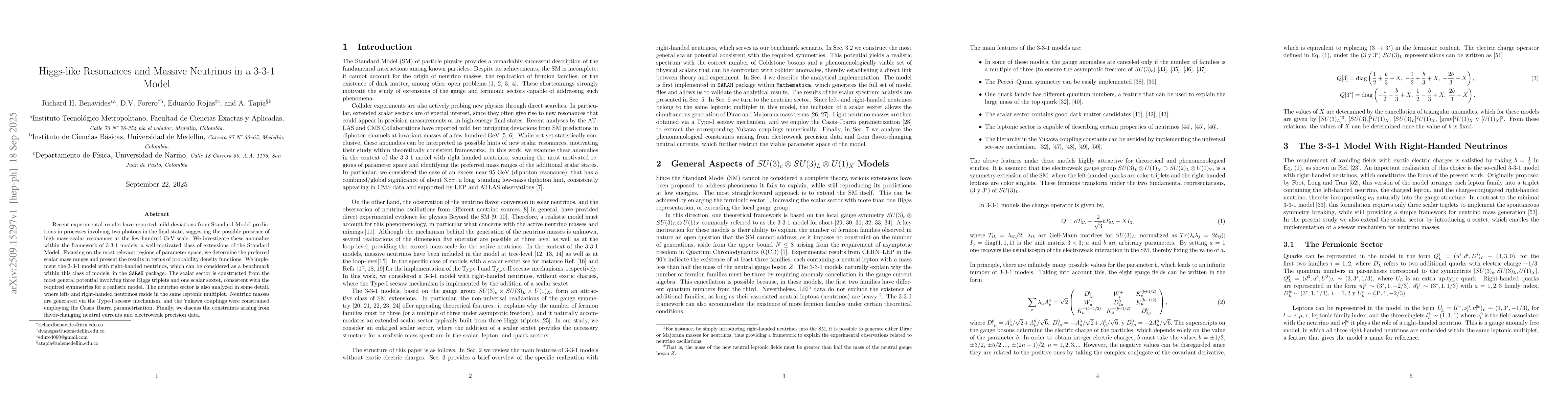Thumbnail for Higgs-like Resonances and Massive Neutrinos in a 3-3-1 Model
