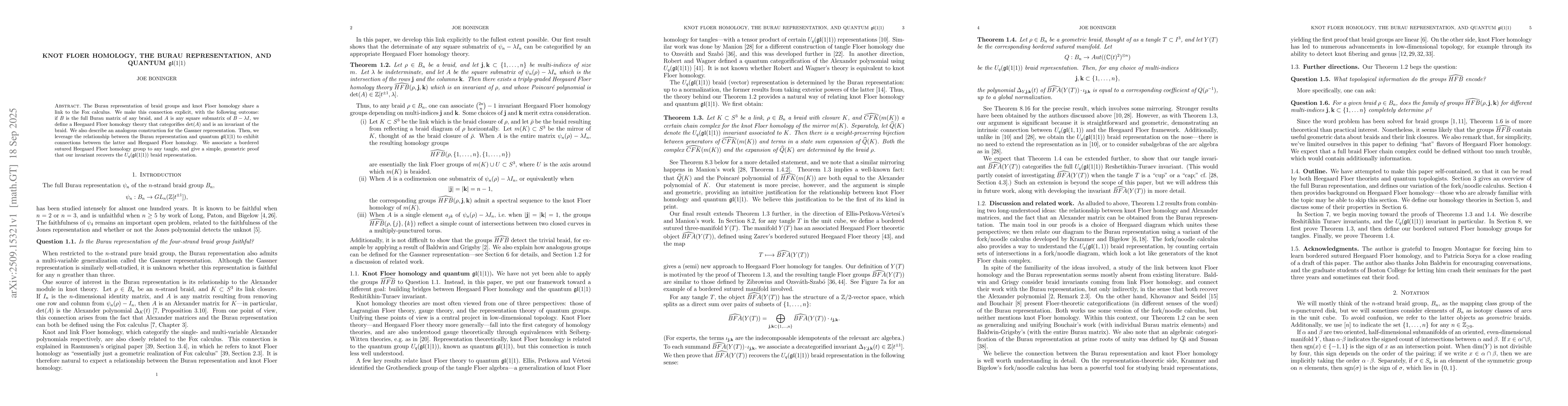 Thumbnail for Knot Floer Homology, the Burau Representation, and Quantum
  $\mathfrak{gl}(1 \vert 1)$