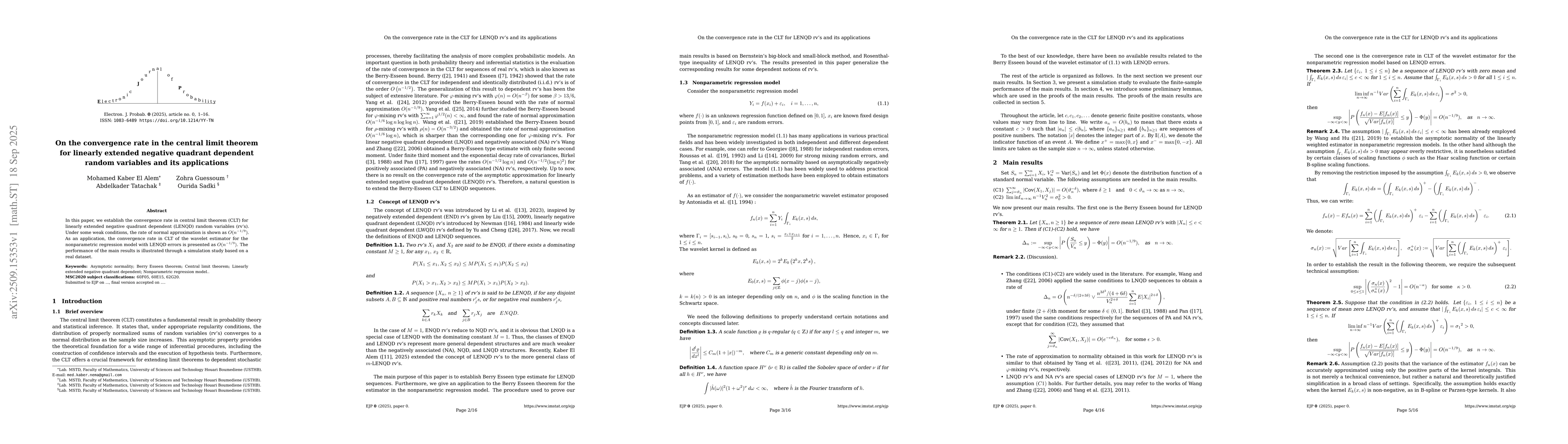 Thumbnail for On the convergence rate in the central limit theorem for linearly
  extended negative quadrant dependent random variables and its applications