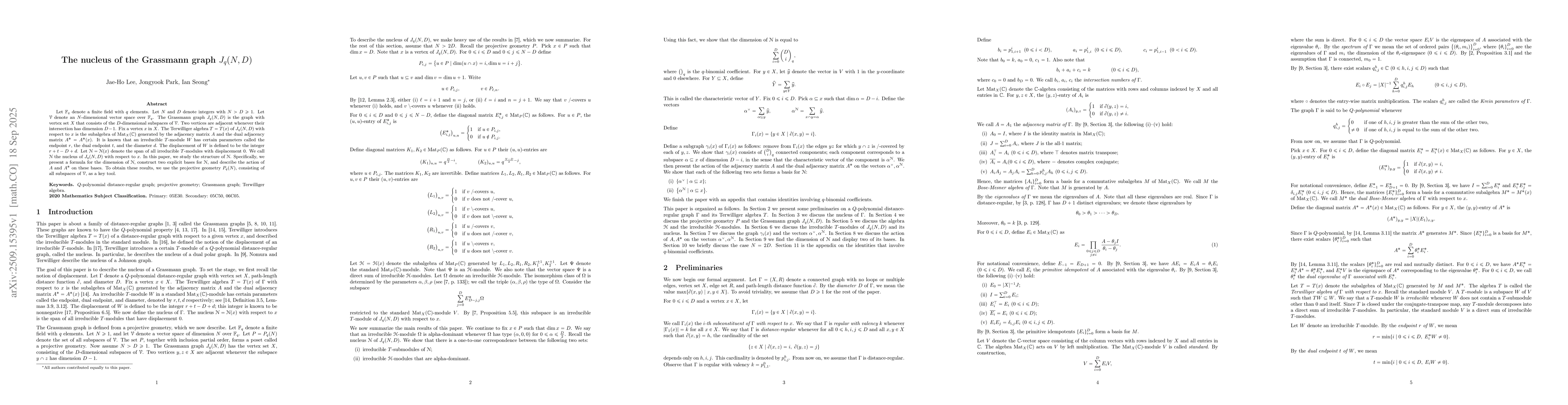 Thumbnail for The nucleus of the Grassmann graph $J_q(N,D)$