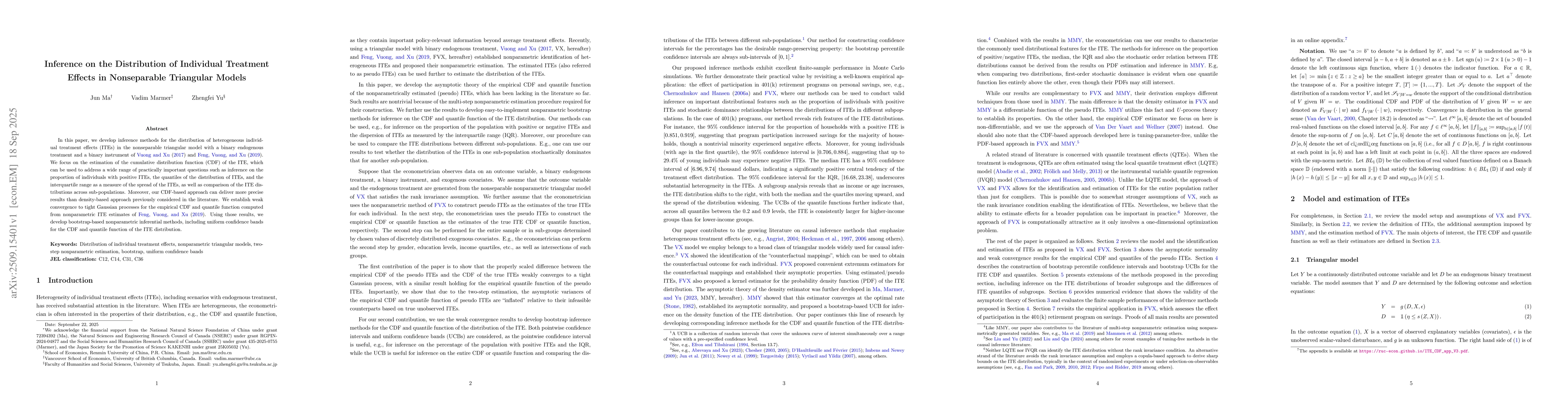 Thumbnail for Inference on the Distribution of Individual Treatment Effects in
  Nonseparable Triangular Models
