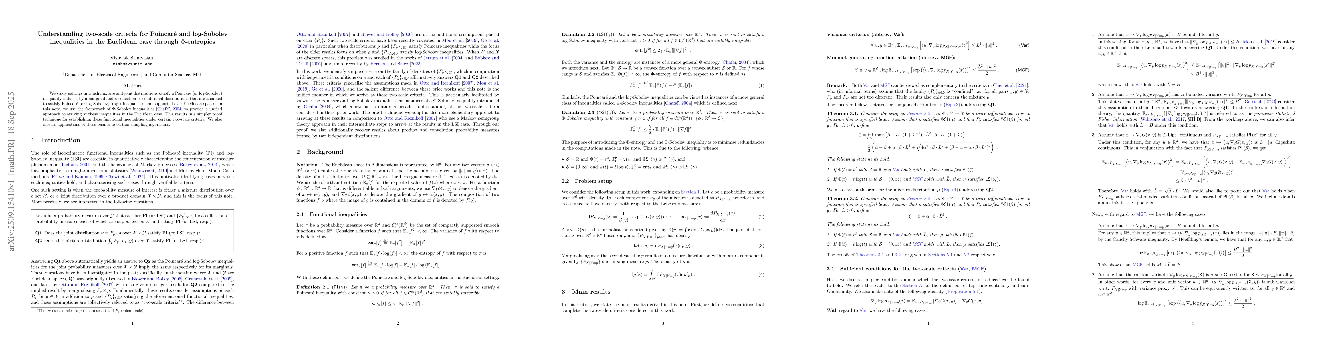 Thumbnail for Understanding two-scale criteria for Poincaré and log-Sobolev
  inequalities in the Euclidean case through Φ-entropies