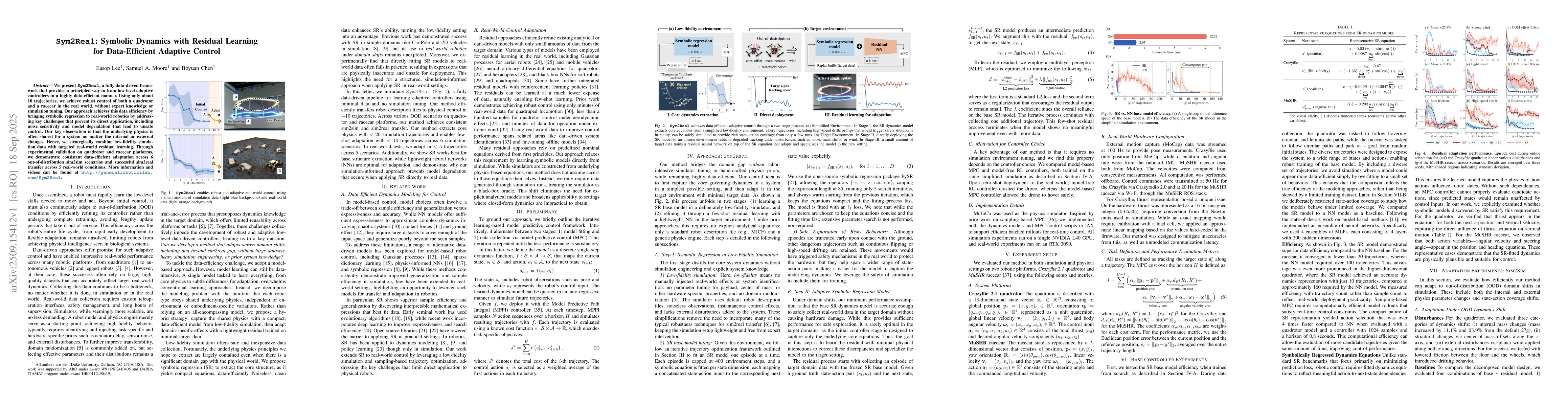 Thumbnail for Sym2Real: Symbolic Dynamics with Residual Learning for Data-Efficient
  Adaptive Control