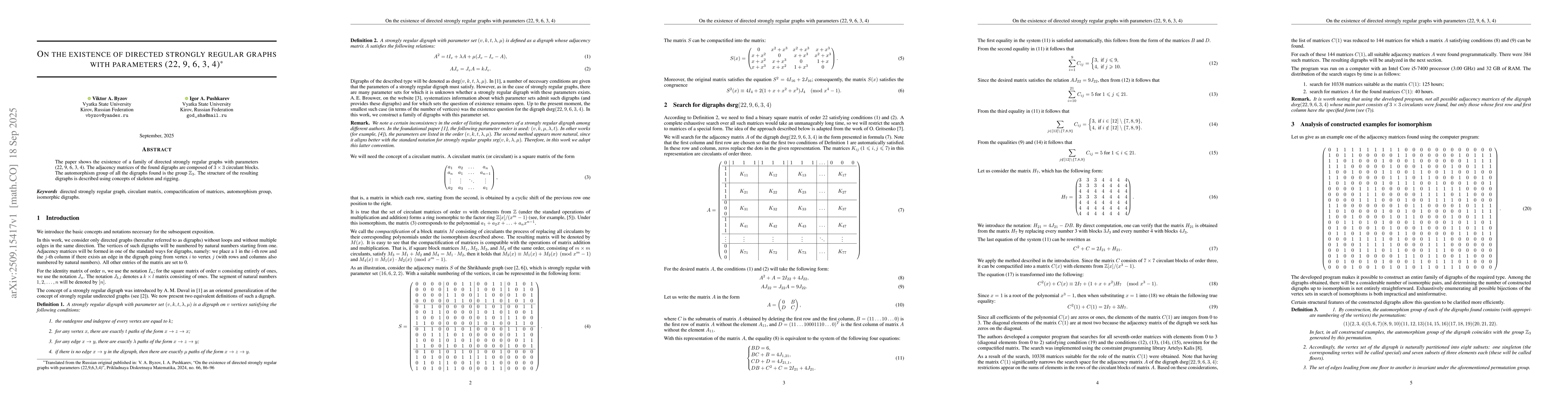 Thumbnail for On the existence of directed strongly regular graphs with parameters
  (22, 9, 6, 3, 4)