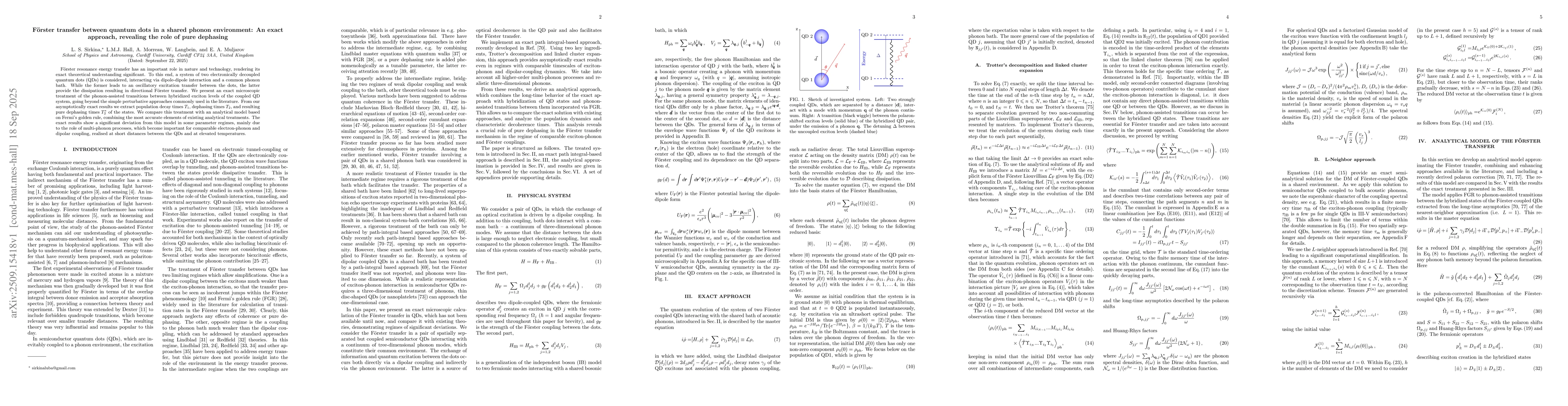 Thumbnail for Förster transfer between quantum dots in a shared phonon environment:
  An exact approach, revealing the role of pure dephasing