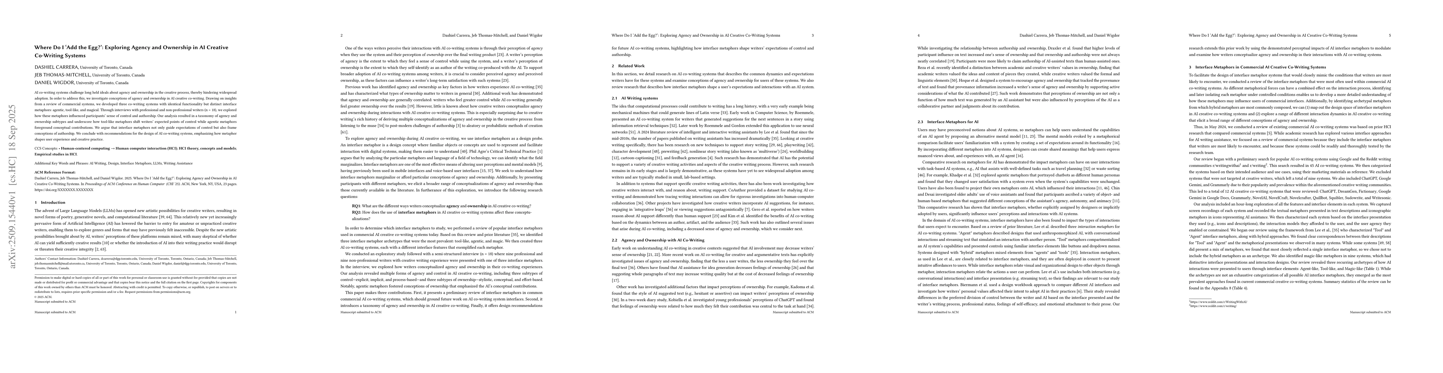Thumbnail for Where Do I 'Add the Egg'?: Exploring Agency and Ownership in AI Creative
  Co-Writing Systems