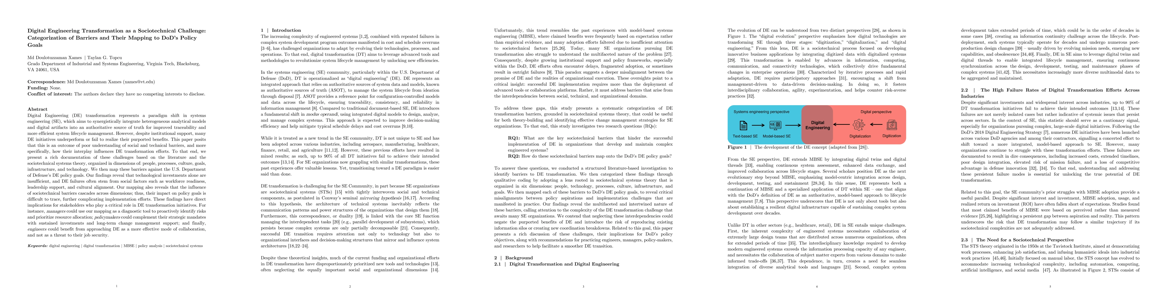 Thumbnail for Digital Engineering Transformation as a Sociotechnical Challenge:
  Categorization of Barriers and Their Mapping to DoD's Policy Goals