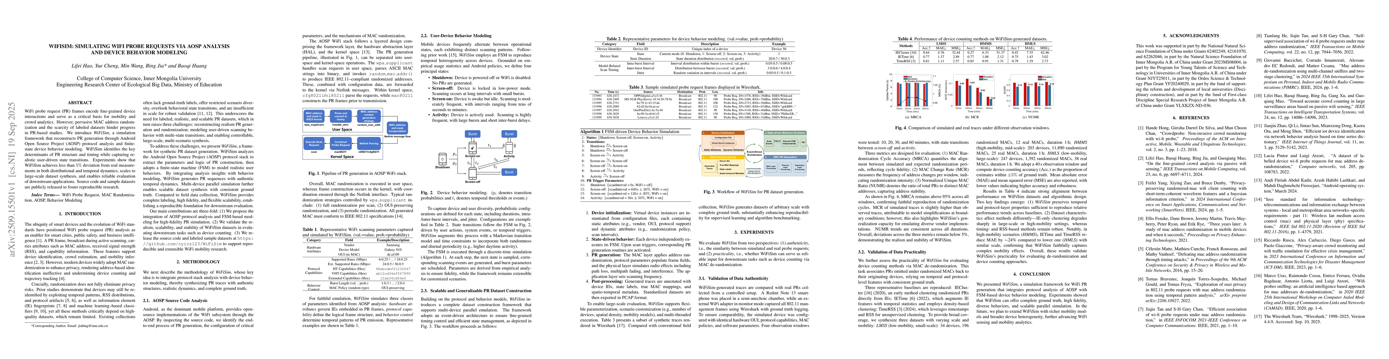 Thumbnail for WiFiSim: Simulating WiFi Probe Requests via AOSP Analysis and Device
  Behavior Modeling