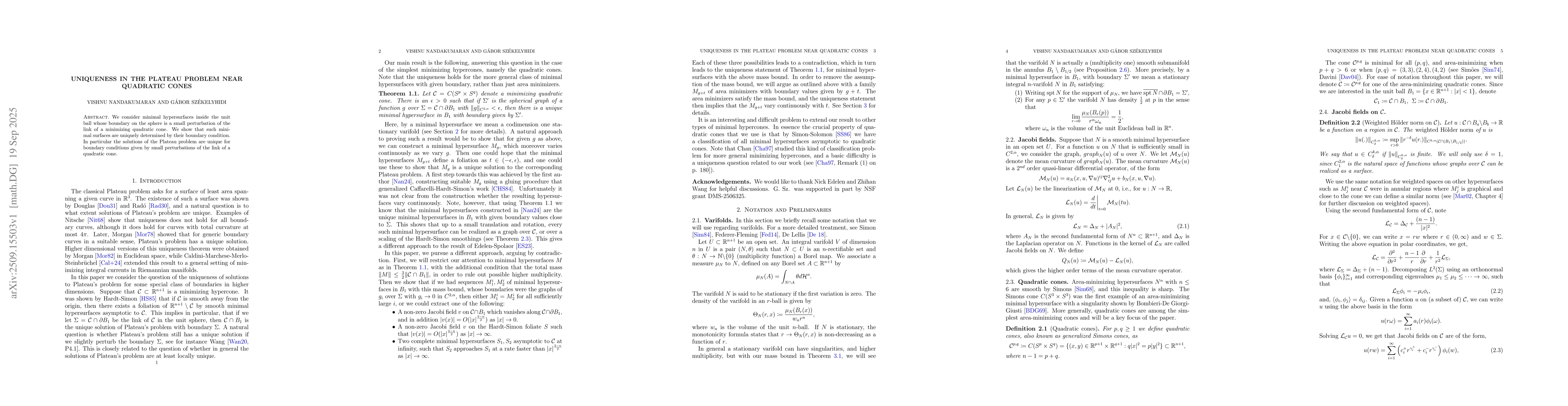 Thumbnail for Uniqueness in the Plateau problem near Quadratic cones
