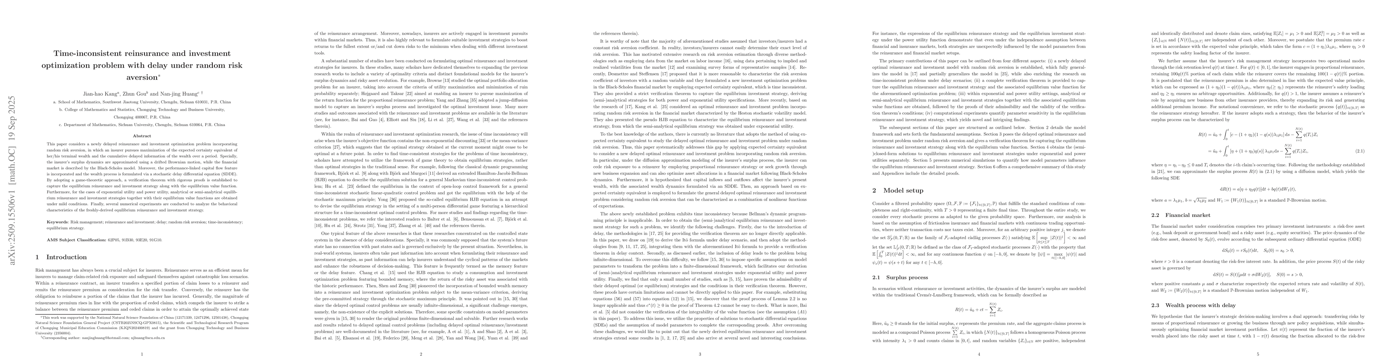 Thumbnail for Time-inconsistent reinsurance and investment optimization problem with
  delay under random risk aversion