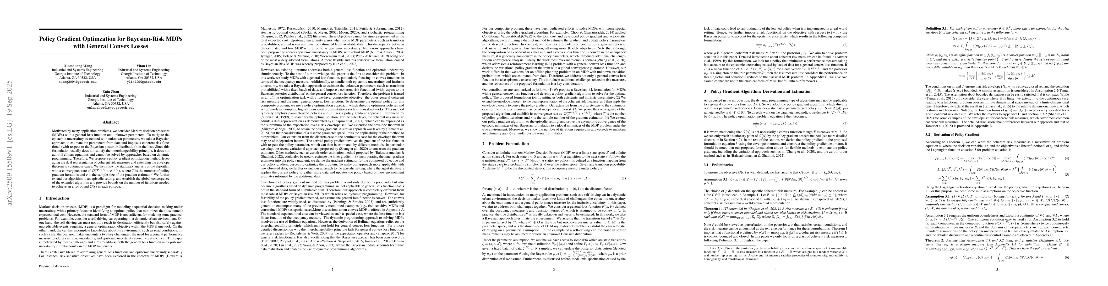 Thumbnail for Policy Gradient Optimzation for Bayesian-Risk MDPs with General Convex
  Losses