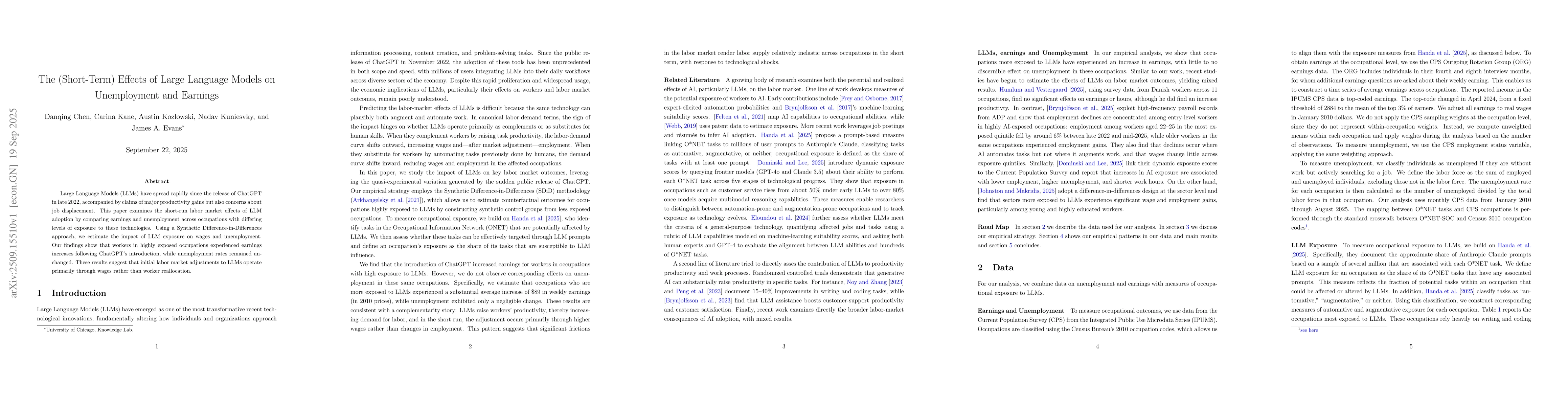 Thumbnail for The (Short-Term) Effects of Large Language Models on Unemployment and
  Earnings