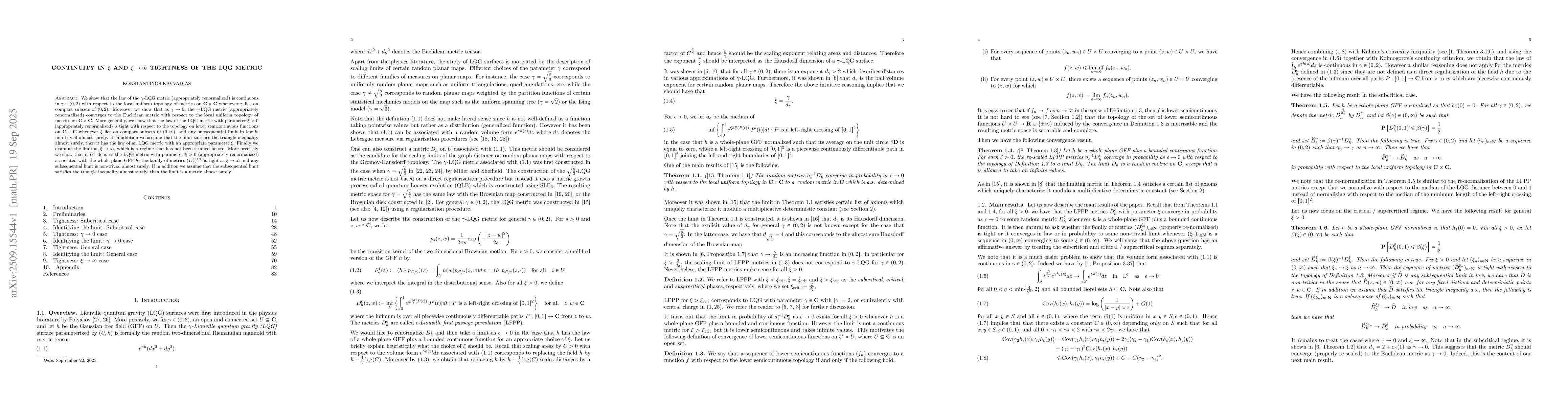 Thumbnail for Continuity in $ξ$ and $ξ\to \infty$ tightness of the LQG metric