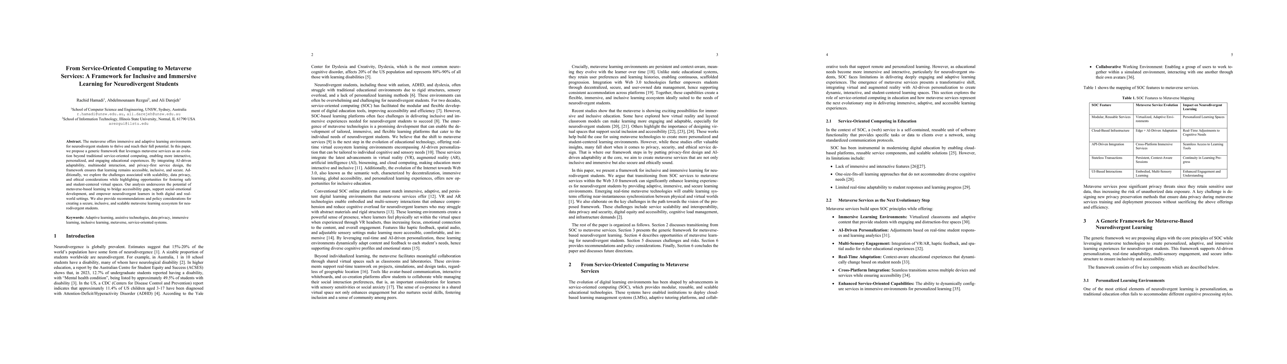Thumbnail for From Service-Oriented Computing to Metaverse Services: A Framework for
  Inclusive and Immersive Learning for Neurodivergent Students