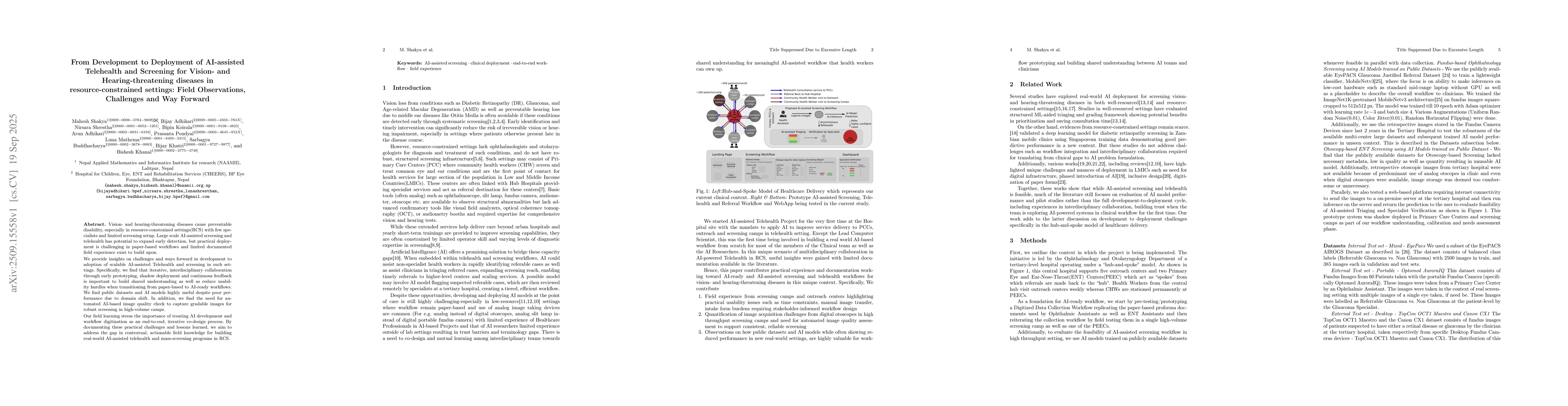 Thumbnail for From Development to Deployment of AI-assisted Telehealth and Screening
  for Vision- and Hearing-threatening diseases in resource-constrained
  settings: Field Observations, Challenges and Way Forward