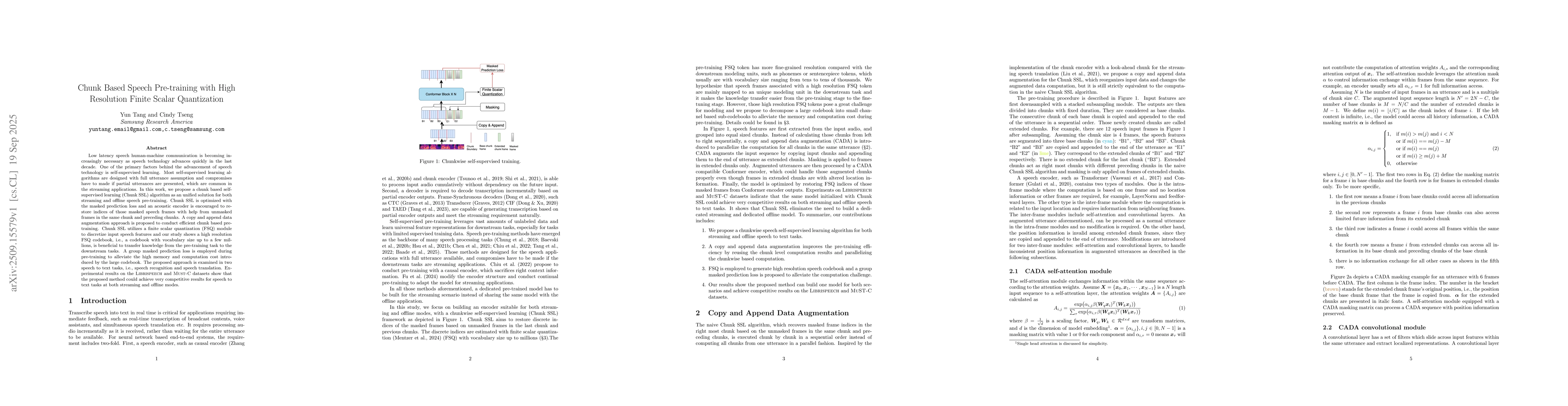 Thumbnail for Chunk Based Speech Pre-training with High Resolution Finite Scalar
  Quantization