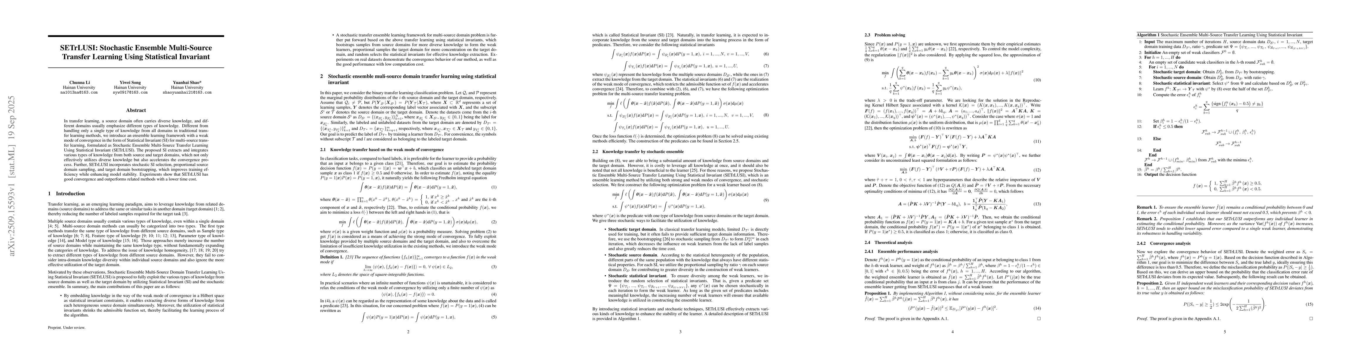 Thumbnail for SETrLUSI: Stochastic Ensemble Multi-Source Transfer Learning Using
  Statistical Invariant