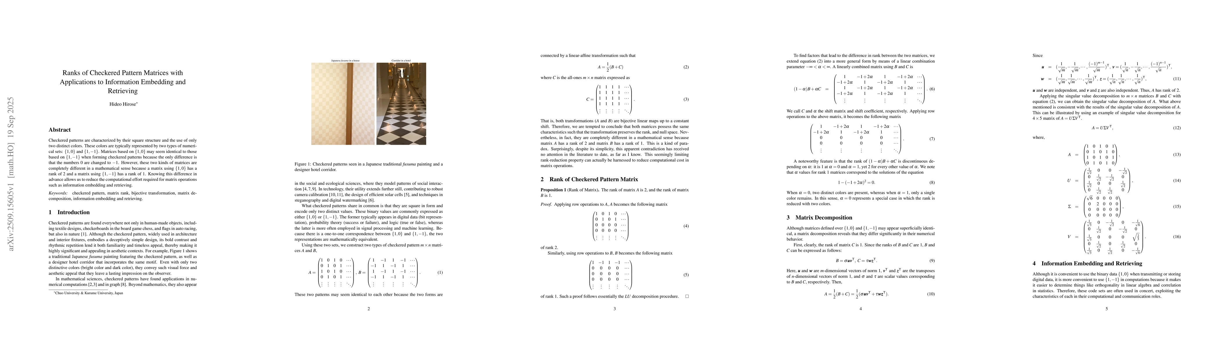 Thumbnail for Ranks of Checkered Pattern Matrices with Applications to Information
  Embedding and Retrieving