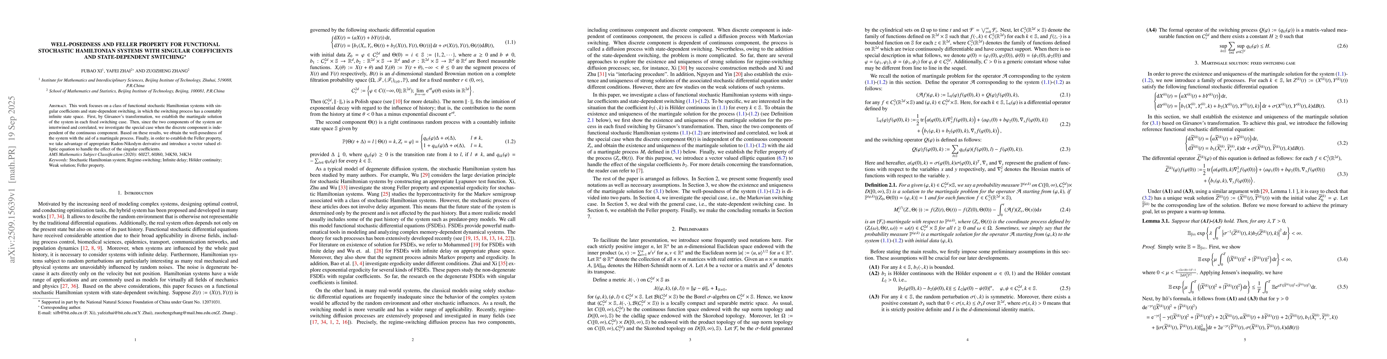 Thumbnail for Well-posedness and Feller property for functional stochastic Hamiltonian
  systems with singular coefficients and state-dependent switching