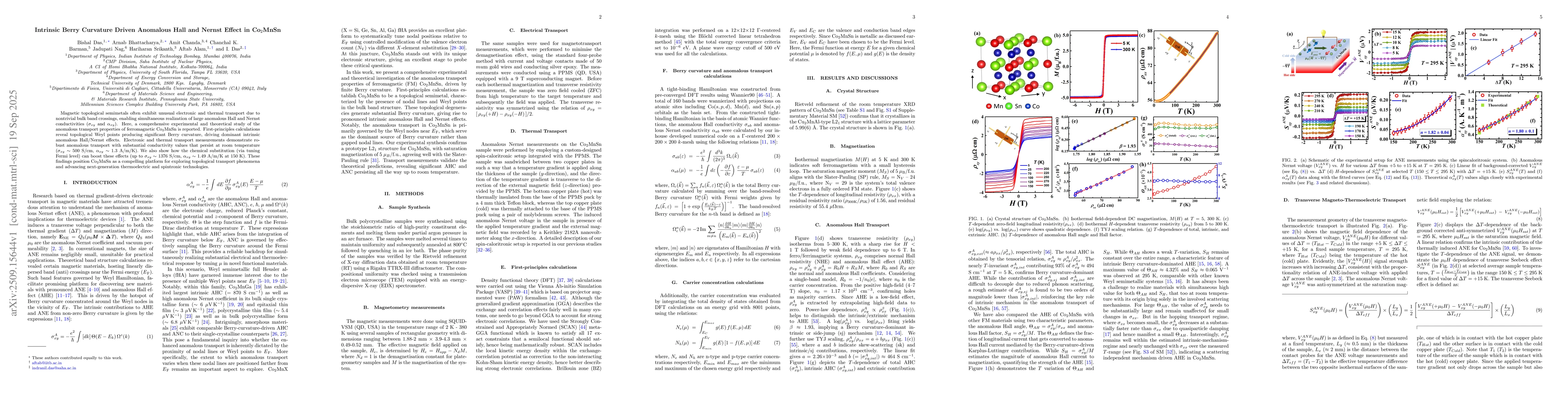 Thumbnail for Intrinsic Berry Curvature Driven Anomalous Hall and Nernst Effect in
  Co$_2$MnSn