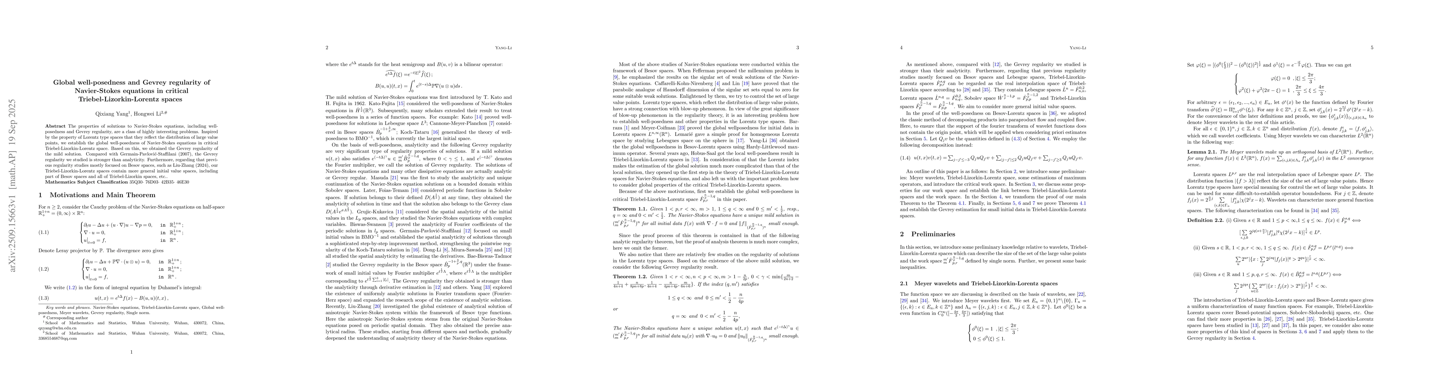 Thumbnail for Global well-posedness and Gevrey regularity of Navier-Stokes equations
  in critical Triebel-Lizorkin-Lorentz spaces
