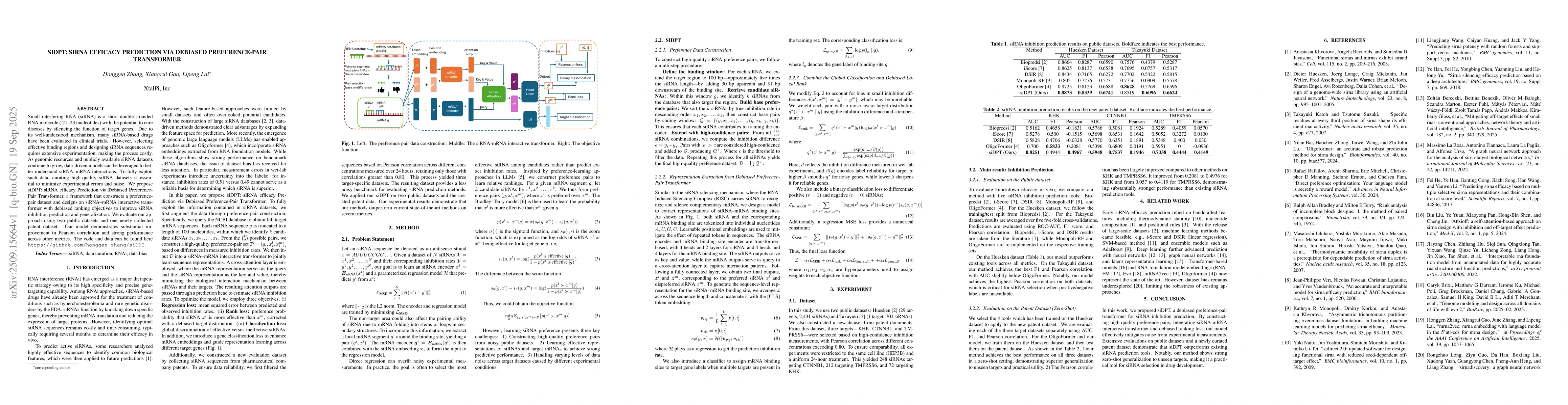 Thumbnail for siDPT: siRNA Efficacy Prediction via Debiased Preference-Pair
  Transformer