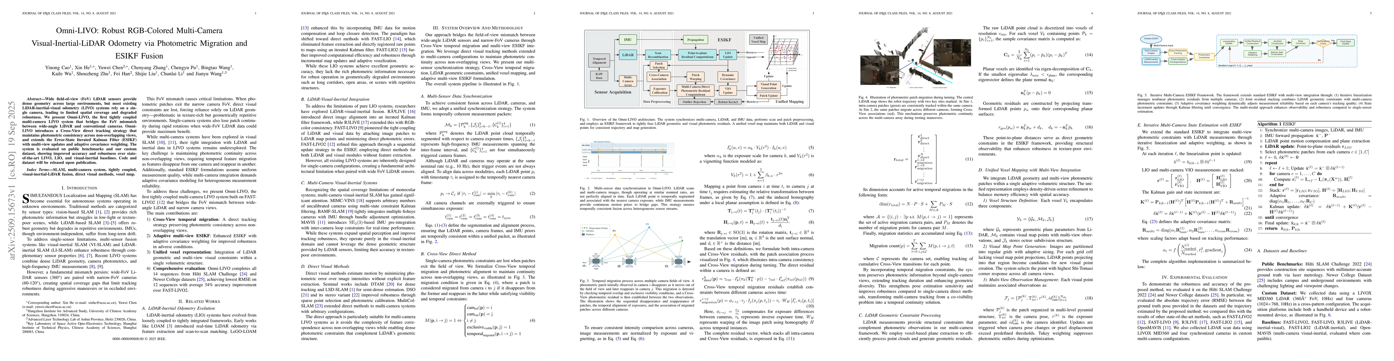 Thumbnail for Omni-LIVO: Robust RGB-Colored Multi-Camera Visual-Inertial-LiDAR
  Odometry via Photometric Migration and ESIKF Fusion