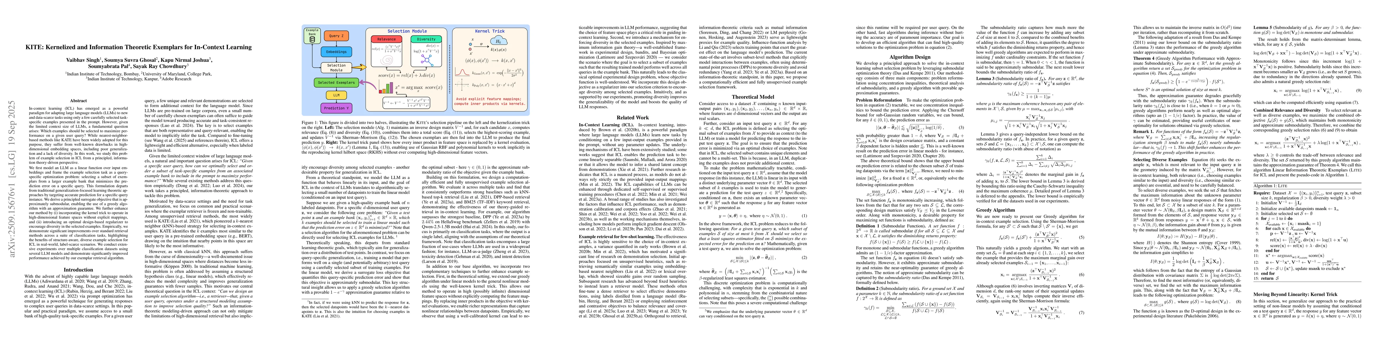 Thumbnail for KITE: Kernelized and Information Theoretic Exemplars for In-Context
  Learning