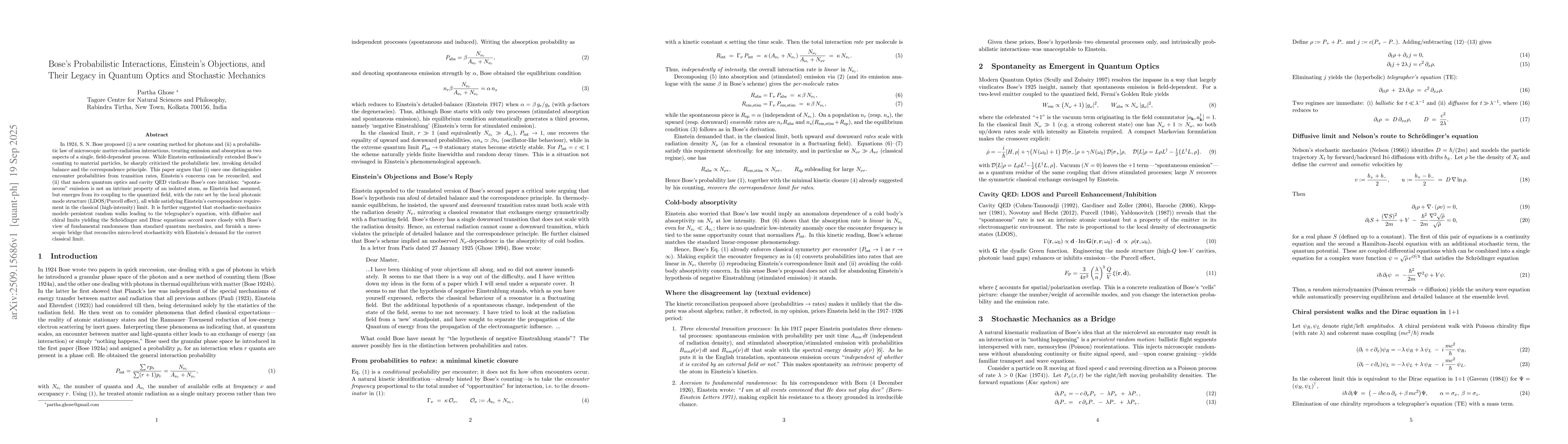 Thumbnail for Bose's Probabilistic Interactions, Einstein's Objections, and Their
  Legacy in Quantum Optics and Stochastic Mechanics