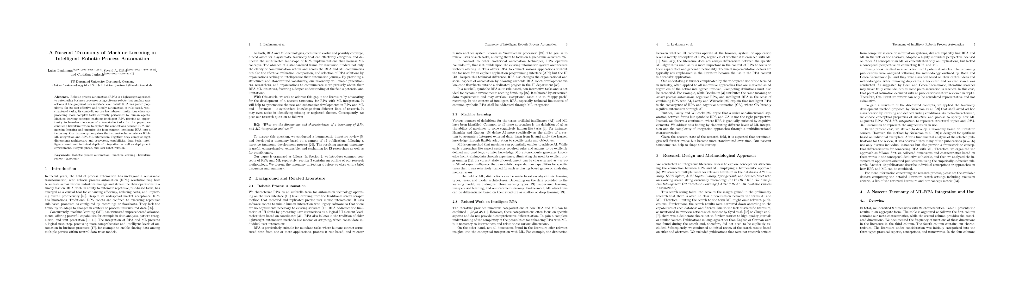 Thumbnail for A Nascent Taxonomy of Machine Learning in Intelligent Robotic Process
  Automation