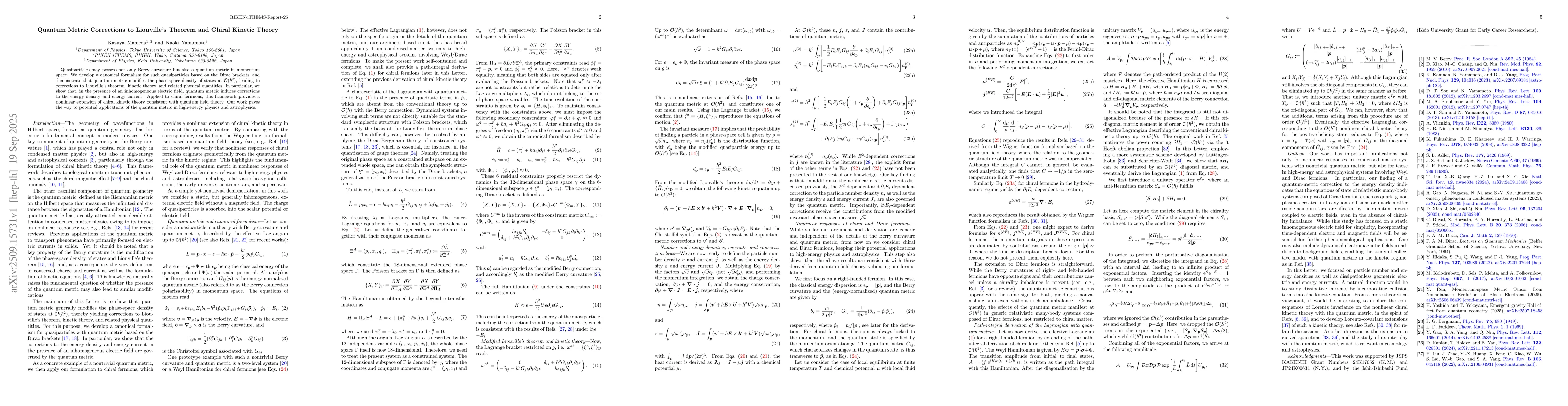 Thumbnail for Quantum Metric Corrections to Liouville's Theorem and Chiral Kinetic
  Theory