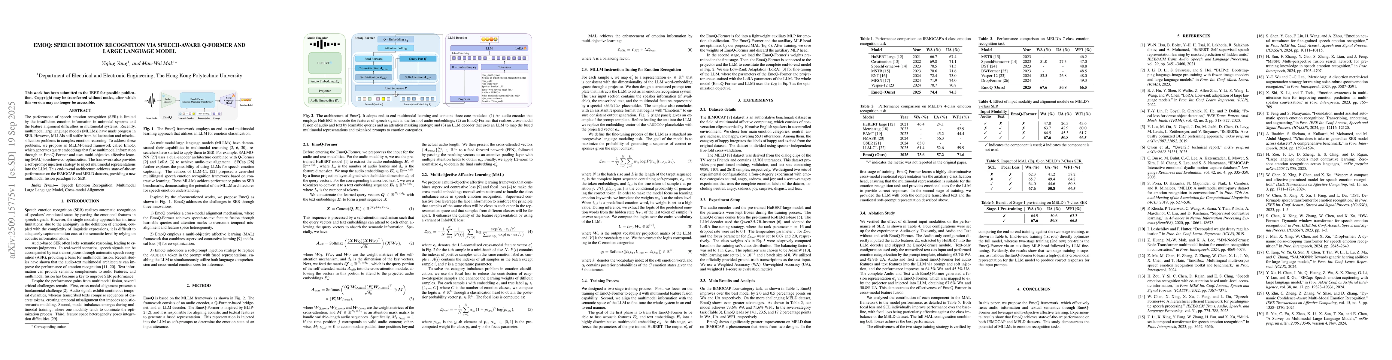 Thumbnail for EmoQ: Speech Emotion Recognition via Speech-Aware Q-Former and Large
  Language Model