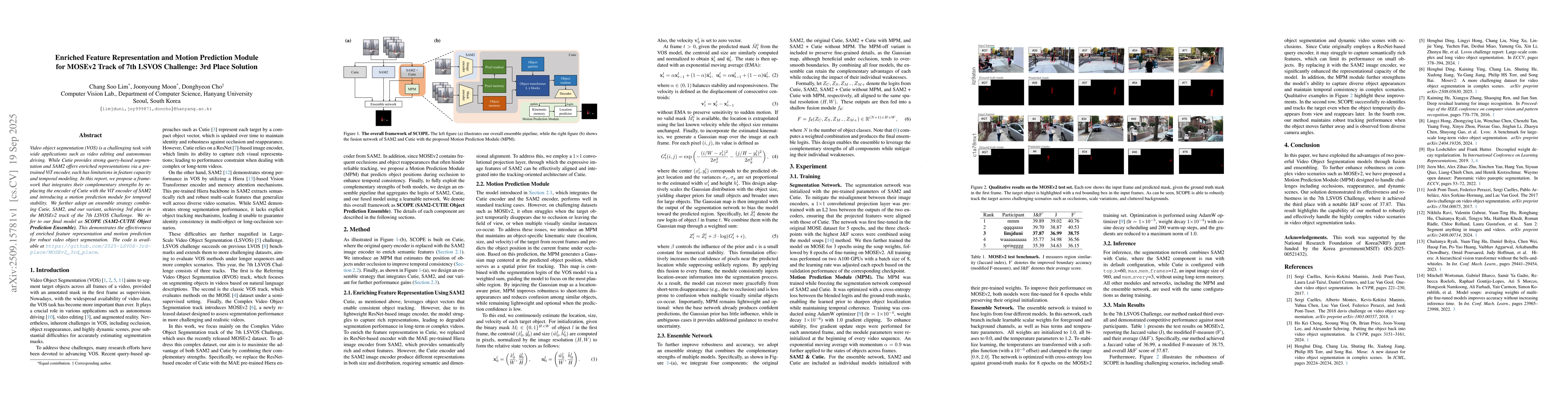 Thumbnail for Enriched Feature Representation and Motion Prediction Module for MOSEv2
  Track of 7th LSVOS Challenge: 3rd Place Solution