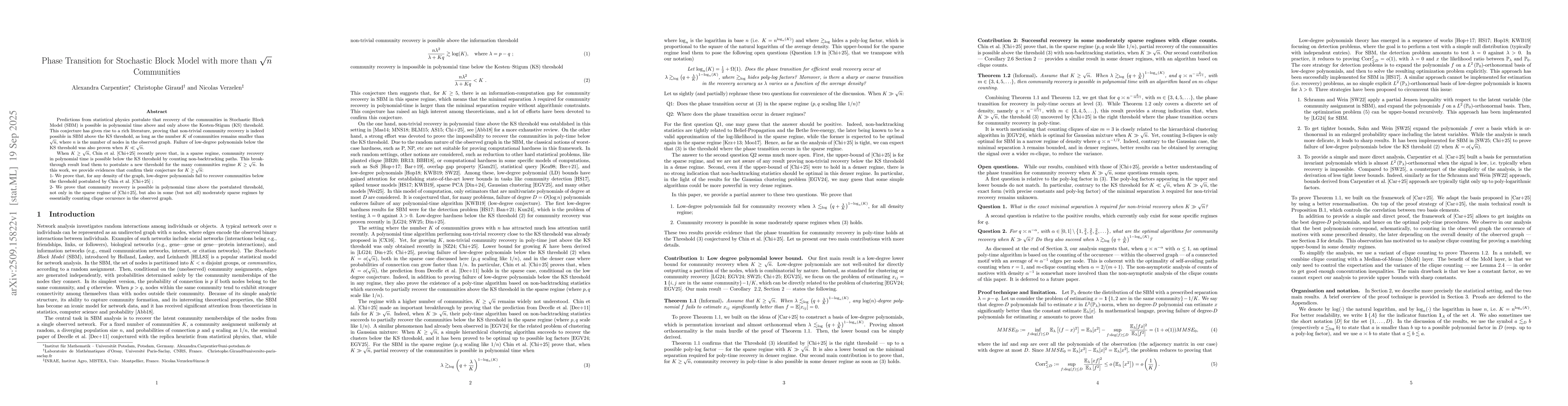 Thumbnail for Phase Transition for Stochastic Block Model with more than $\sqrt{n}$
  Communities