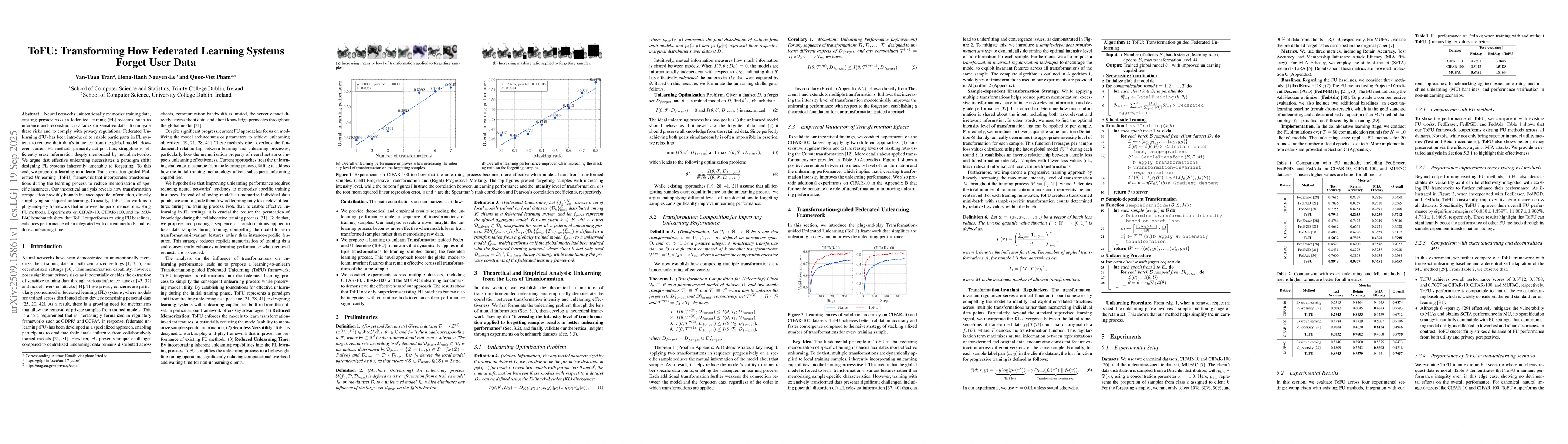 Thumbnail for ToFU: Transforming How Federated Learning Systems Forget User Data