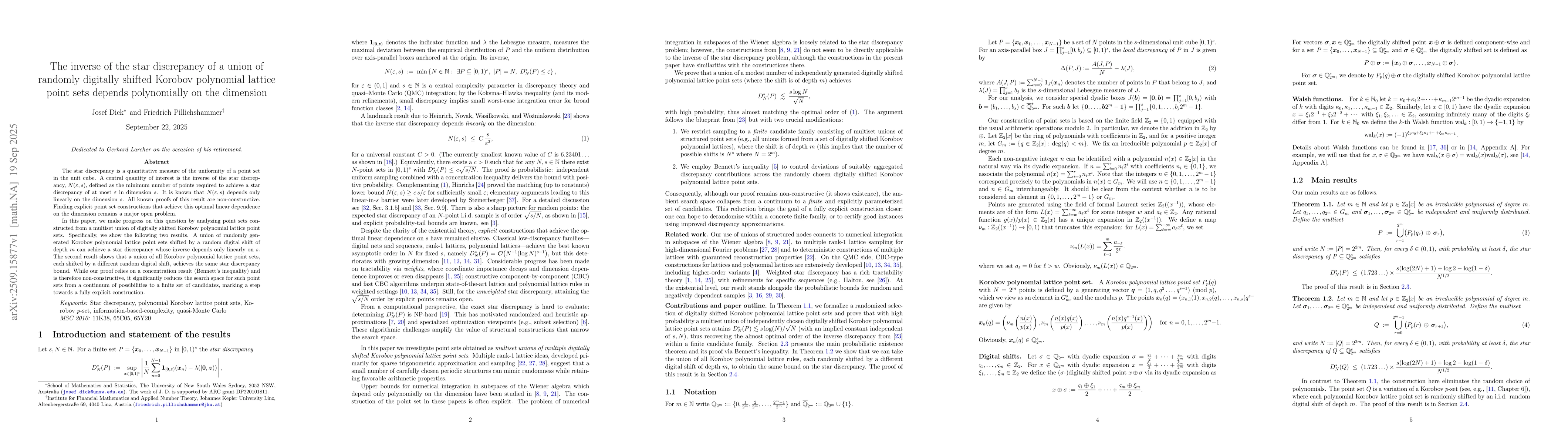 Thumbnail for The inverse of the star discrepancy of a union of randomly digitally
  shifted Korobov polynomial lattice point sets depends polynomially on the
  dimension