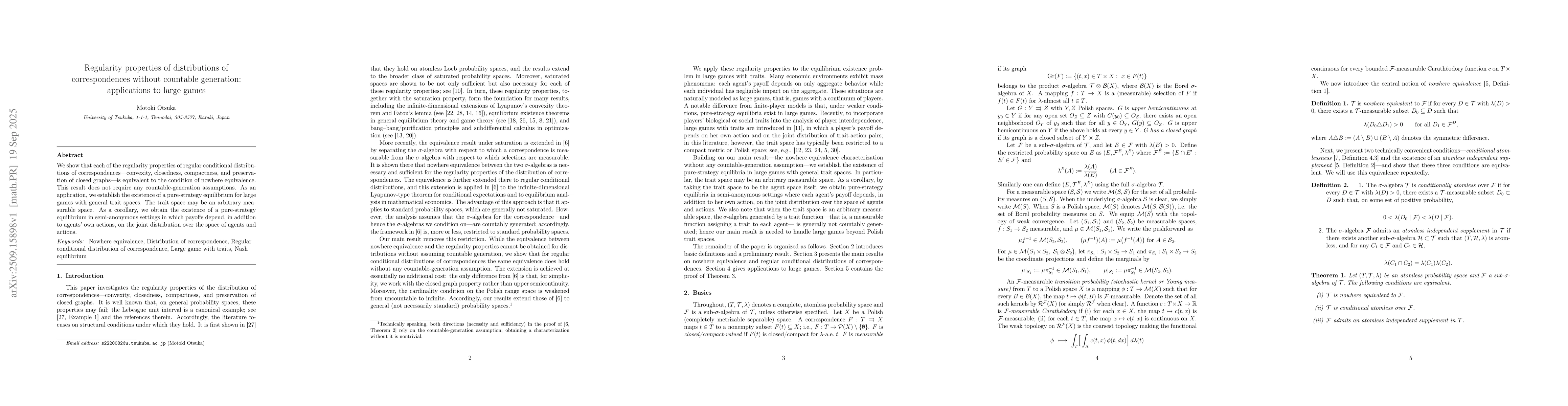 Thumbnail for Regularity properties of distributions of correspondences without
  countable generation: applications to large games