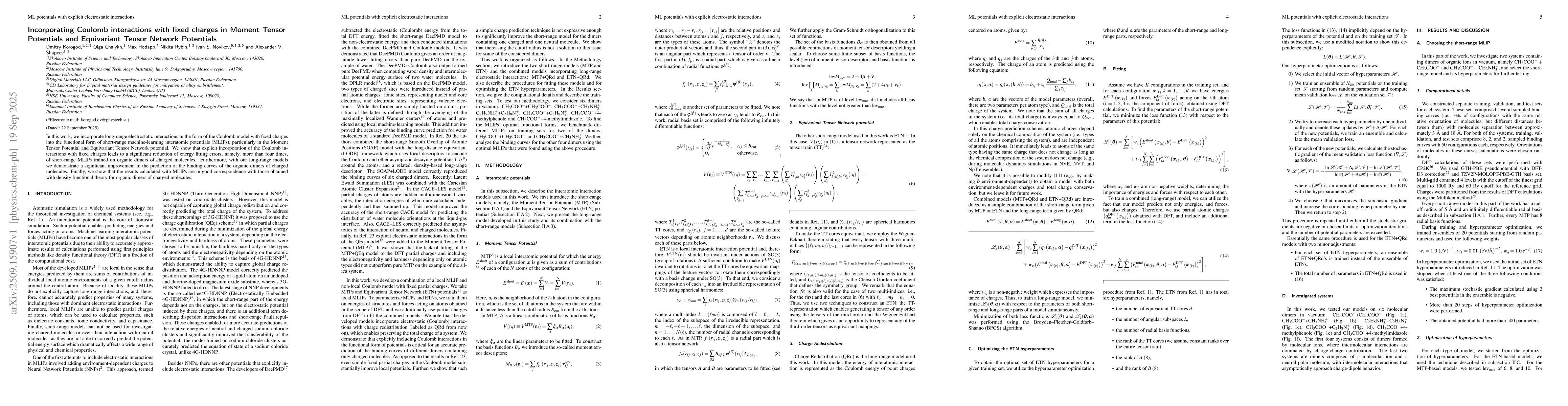 Thumbnail for Incorporating Coulomb interactions with fixed charges in Moment Tensor
  Potentials and Equivariant Tensor Network Potentials