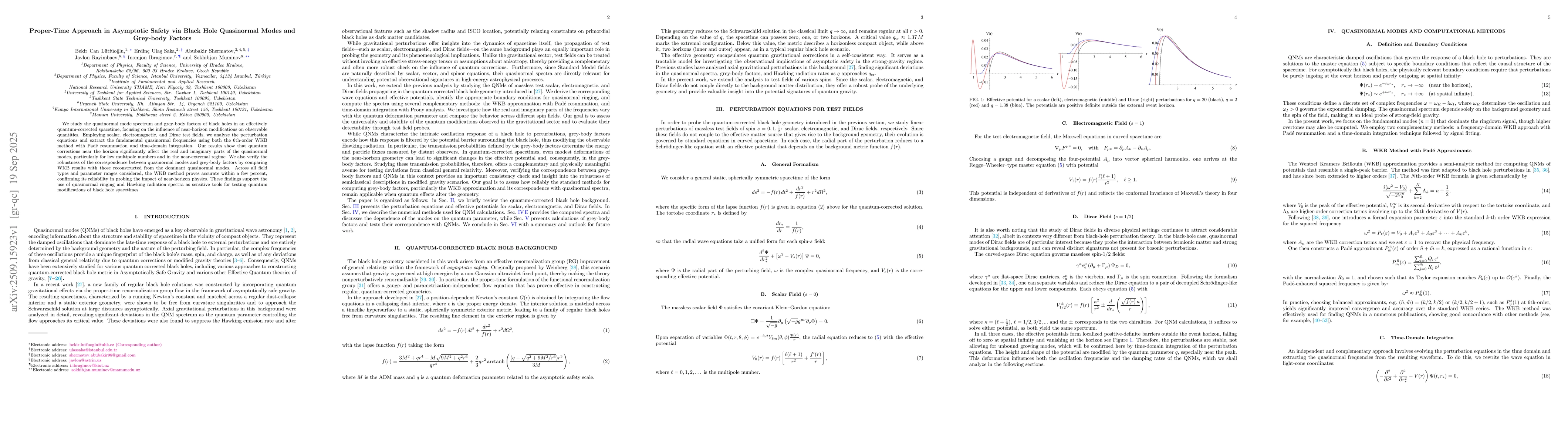 Thumbnail for Proper-Time Approach in Asymptotic Safety via Black Hole Quasinormal
  Modes and Grey-body Factors