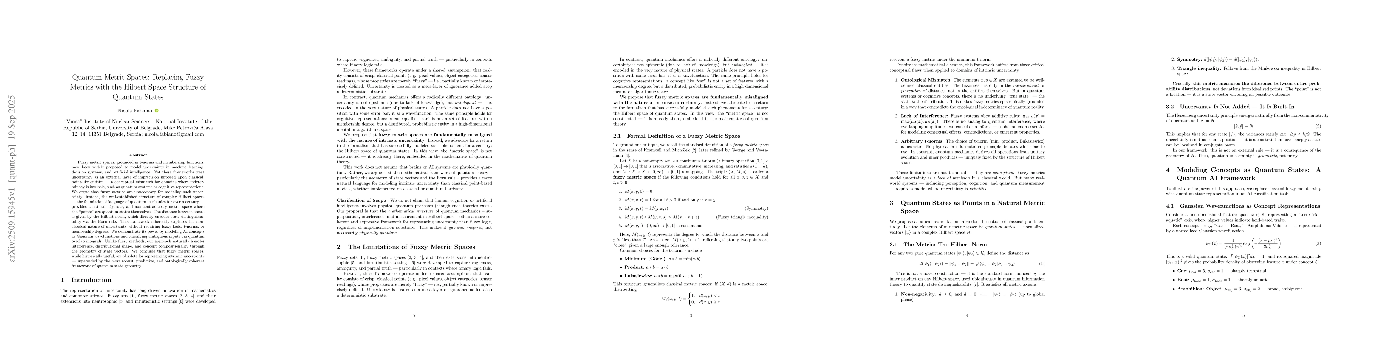 Thumbnail for Quantum Metric Spaces: Replacing Fuzzy Metrics with the Hilbert Space
  Structure of Quantum States