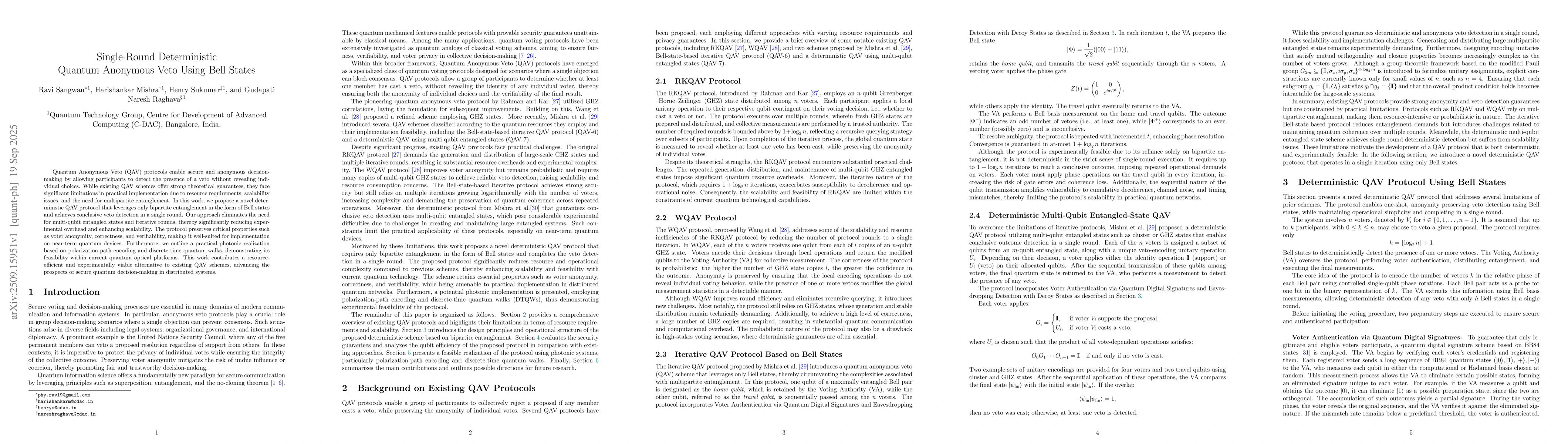 Thumbnail for Single-Round Deterministic Quantum Anonymous Veto Using Bell States