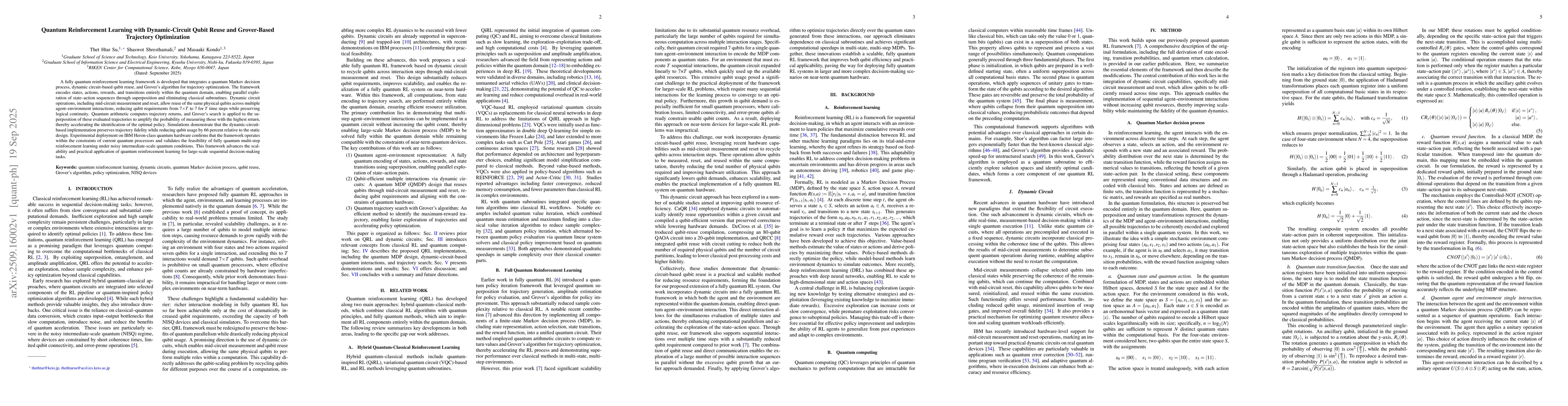 Thumbnail for Quantum Reinforcement Learning with Dynamic-Circuit Qubit Reuse and
  Grover-Based Trajectory Optimization