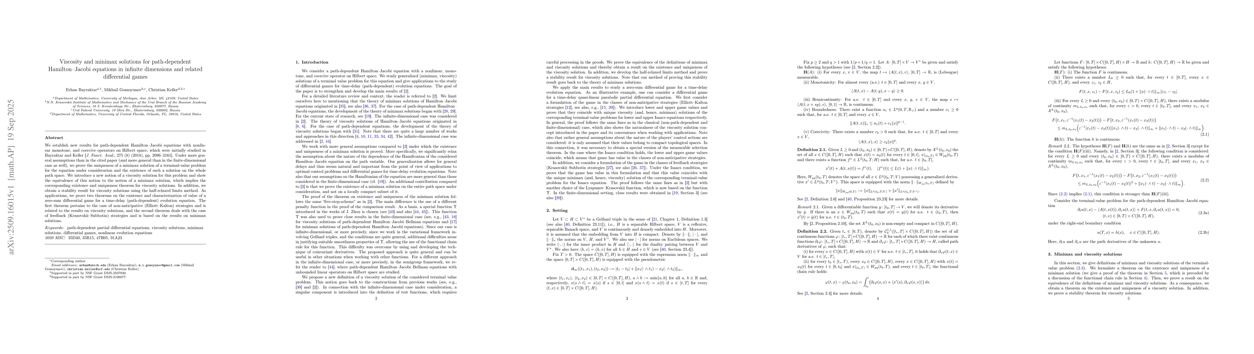 Thumbnail for Viscosity and minimax solutions for path-dependent Hamilton-Jacobi
  equations in infinite dimensions and related differential games