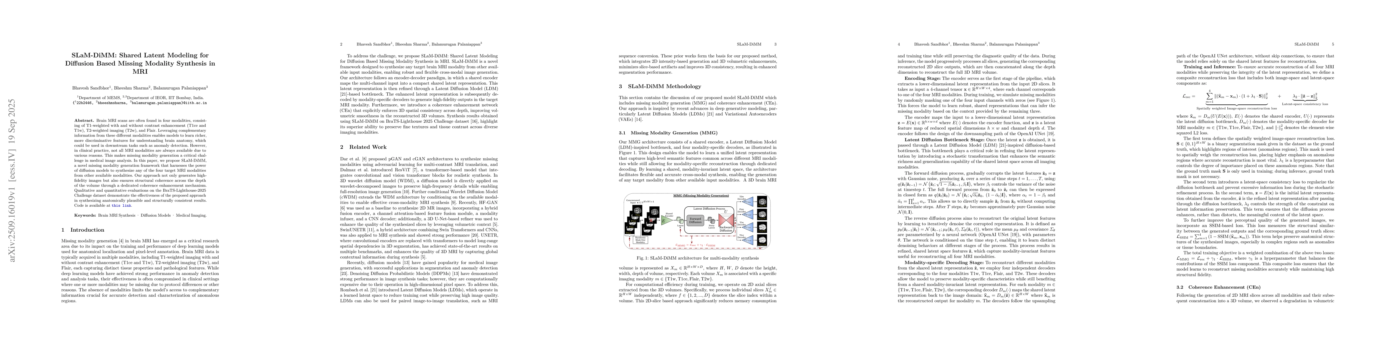 Thumbnail for SLaM-DiMM: Shared Latent Modeling for Diffusion Based Missing Modality
  Synthesis in MRI