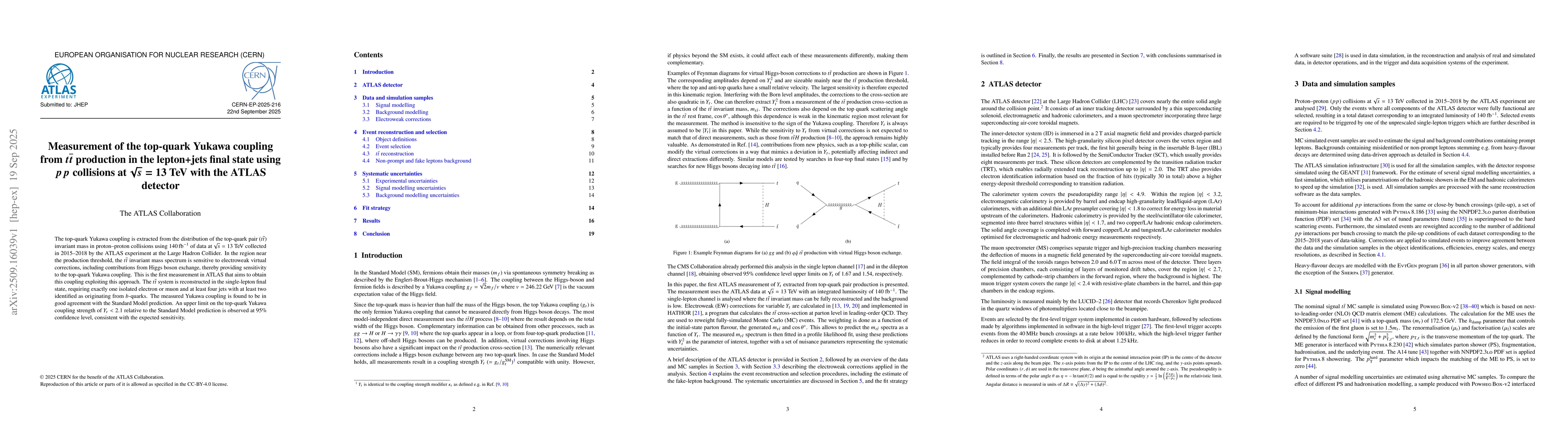 Thumbnail for Measurement of the top-quark Yukawa coupling from $t\overline{t}$
  production in the lepton+jets final state using $pp$ collisions at $\sqrt{s}
  = 13$ TeV with the ATLAS detector