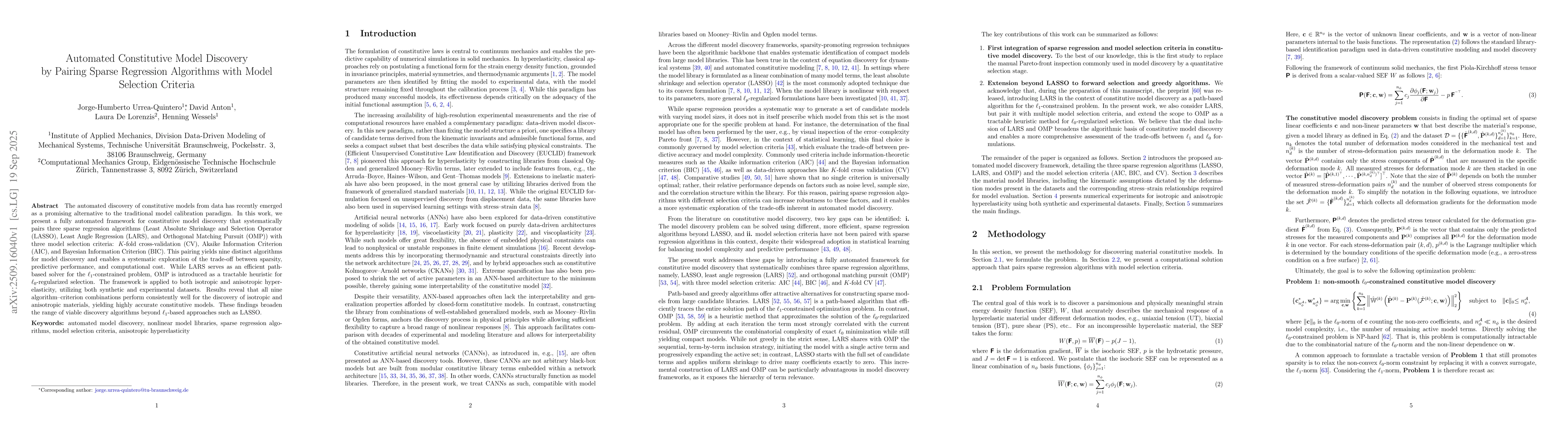 Thumbnail for Automated Constitutive Model Discovery by Pairing Sparse Regression
  Algorithms with Model Selection Criteria