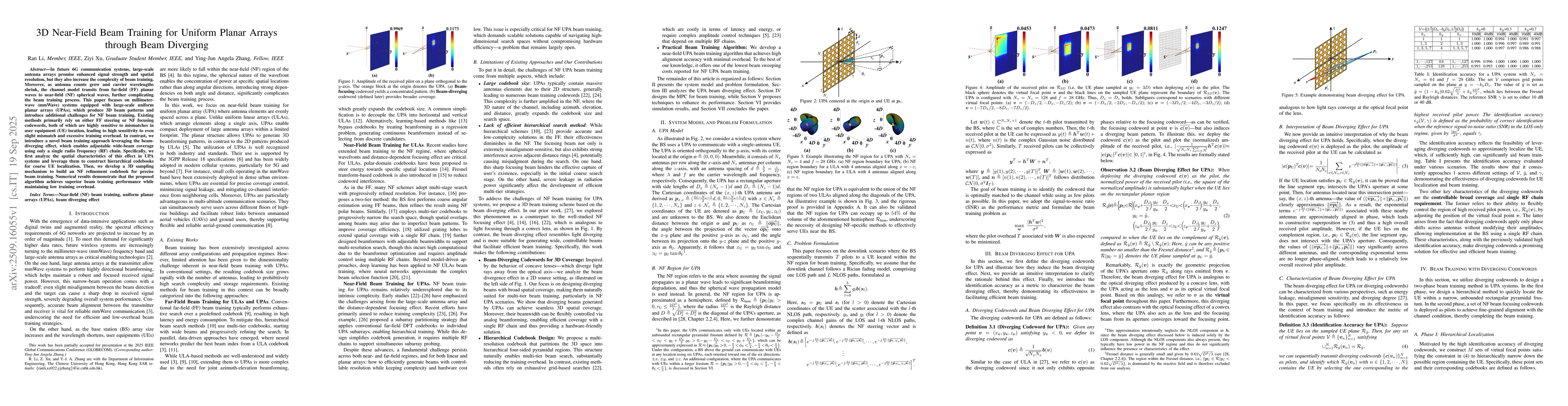 Thumbnail for 3D Near-Field Beam Training for Uniform Planar Arrays through Beam
  Diverging