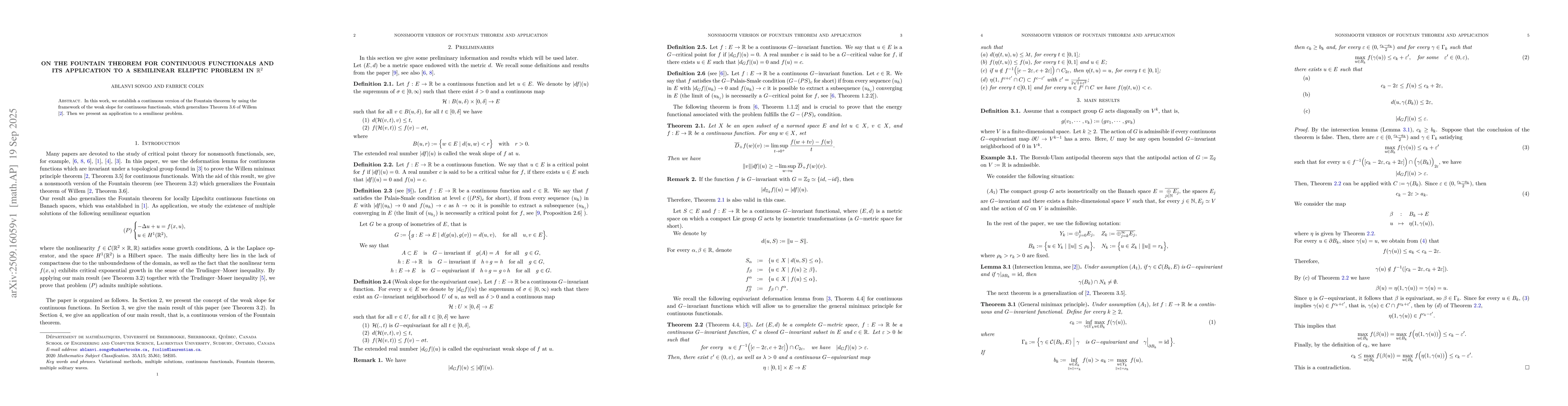 Thumbnail for On the Fountain Theorem for Continuous Functionals and Its Application
  to a Semilinear Elliptic Problem in $\mathbb{R}^2$